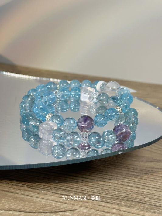 聽潮靈語款|清澈療癒,柔光圓滿
Blue Topaz × Amethyst × Rose Quartz × Clear Quartz|8.6mm Double Wrap Energy Bracelet